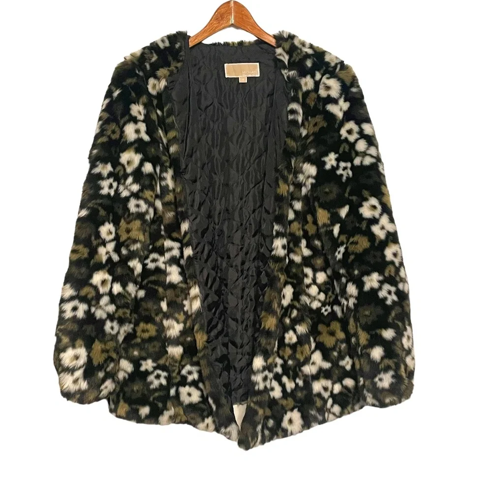 Michael Kors Floral Camo Faux‎ Fur Jacquard Collarless Jacket Coat Size XS